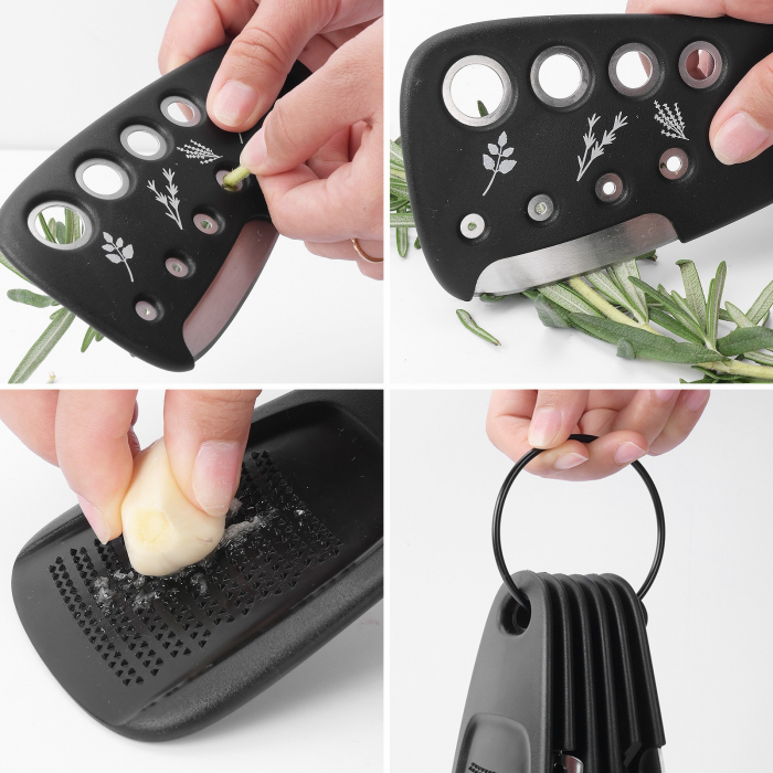Set 6 in 1 mini ustensile bucatarie Flippy, taietor pizza, cutit, curatator, razatoare, desfacator, presa usturoi, manere din ABS, lame ascutite din otel inoxidabil, 7.1 x 12.9 x 4.8 cm, negru [13]