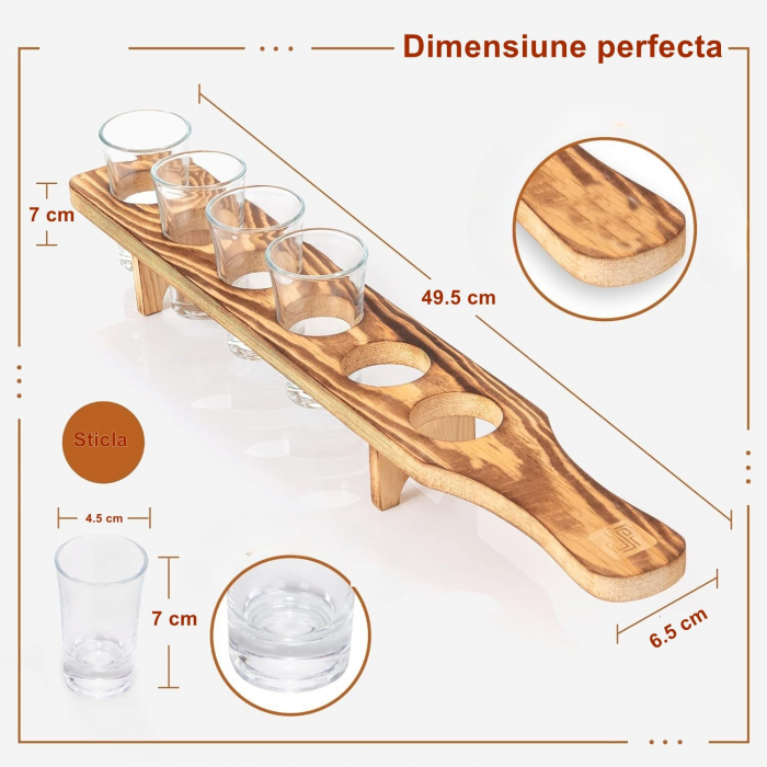 Set 6 Pahare Shot din Sticla Flippy, cu Suport din Lemn, Design Rustic, 49.5 x 7 x 6.5 cm, Maro [2]