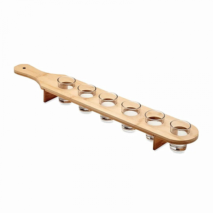 Set 6 Pahare Shot din Sticla Flippy, cu Suport din Lemn, Design Rustic, 49.5 x 7 x 6.5 cm, Maro [1]