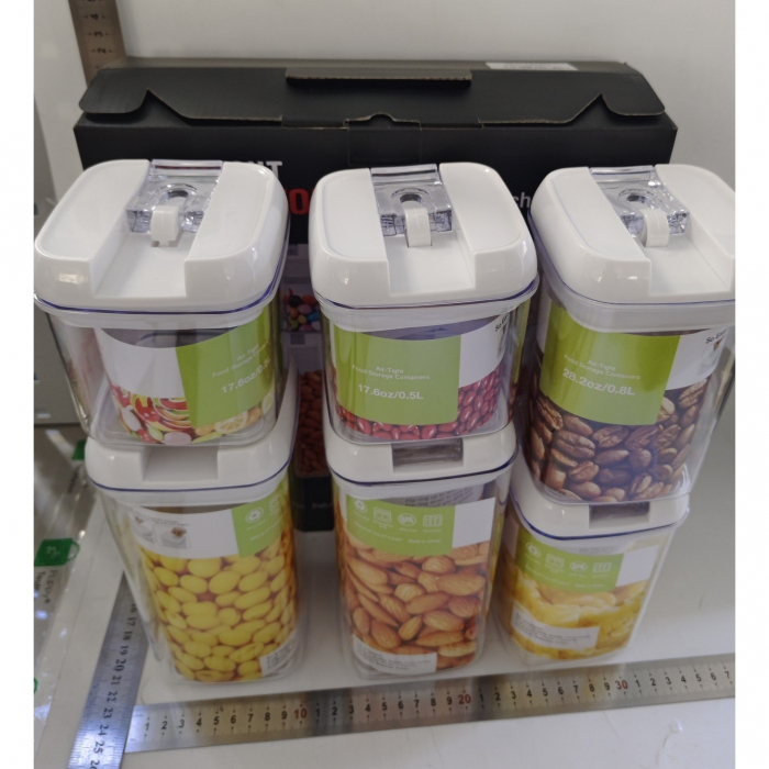 Set 6 Recipiente din Plastic, Flippy, pentru Alimente/Obiecte, Inchidere Ermetica, 2 x 0.5l, 2 x 0.8l, 2 x 1.2l, Capac Alb, Transparent [8]