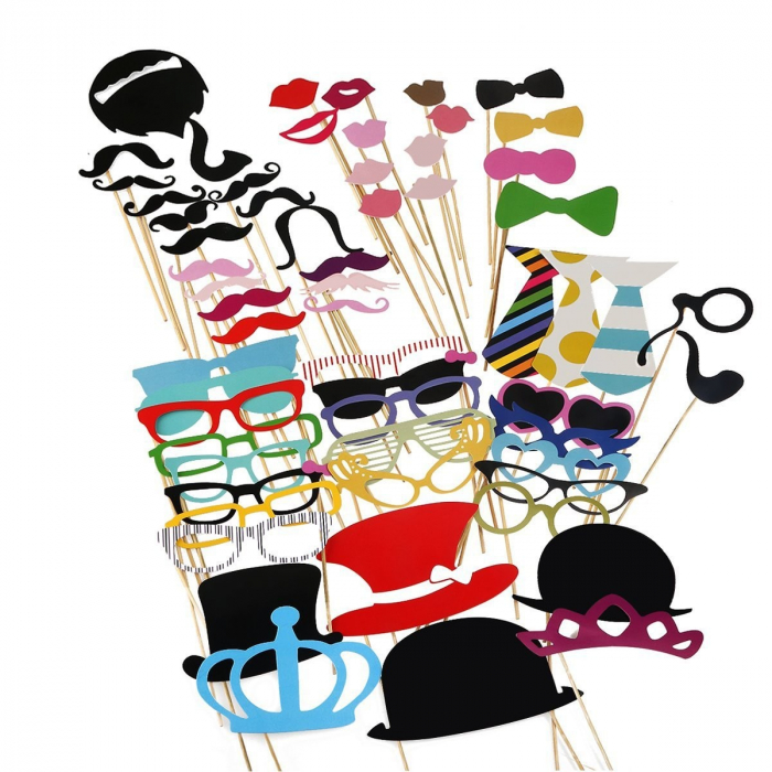 Set 60 de Accesorii pentru Petrecere, Flippy, Props pentru Coltul de Poze, Ochelari, Palarii, Mustata, Cravata, pentru Evenimente, Multicolor [1]