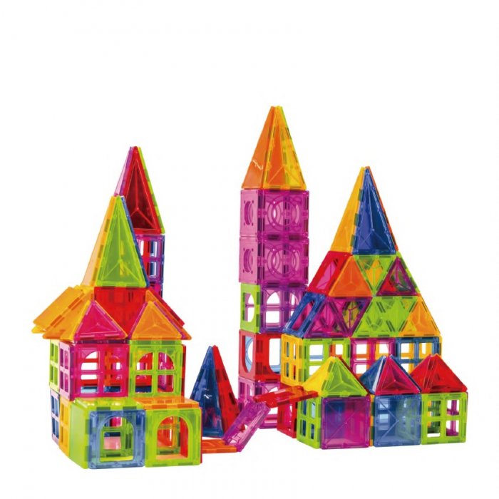 Set 60 de Piese Magnetice de Constructie, Flippy, Magnetic Tiles, Piese Mari, Forme Geometrice, 3 Ani, ABS, Magnet, 20.5 x 14.5 x 12 cm, Multicolor [1]
