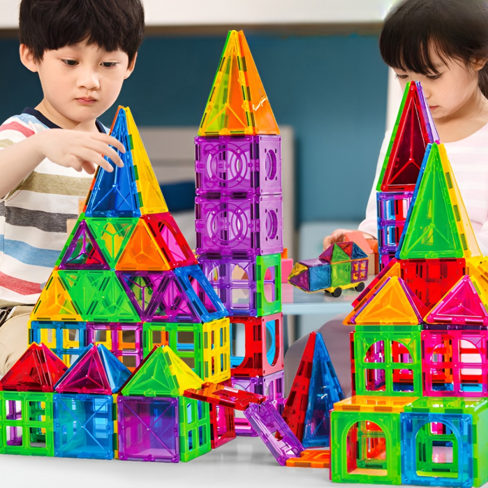 Set 60 de Piese Magnetice de Constructie, Flippy, Magnetic Tiles, Piese Mari, Forme Geometrice, 3 Ani, ABS, Magnet, 20.5 x 14.5 x 12 cm, Multicolor [2]