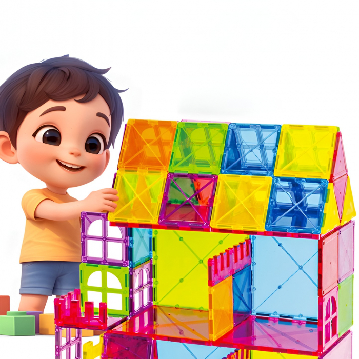 Set 60 de Piese Magnetice de Constructie, Flippy, Magnetic Tiles, Piese Mari, Forme Geometrice, 3 Ani, ABS, Magnet, 20.5 x 14.5 x 12 cm, Multicolor [4]
