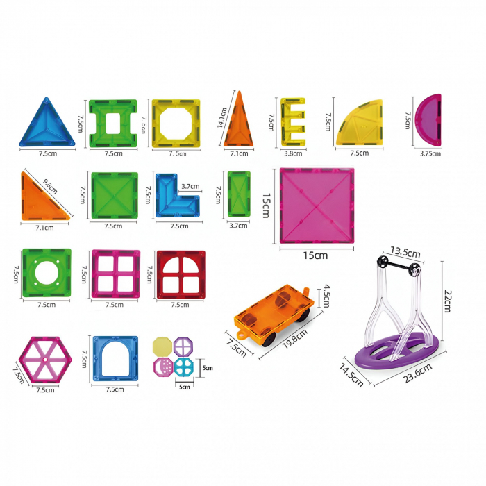 Set 60 de Piese Magnetice de Constructie, Flippy, Magnetic Tiles, Piese Mari, Forme Geometrice, 3 Ani, ABS, Magnet, 20.5 x 14.5 x 12 cm, Multicolor [5]