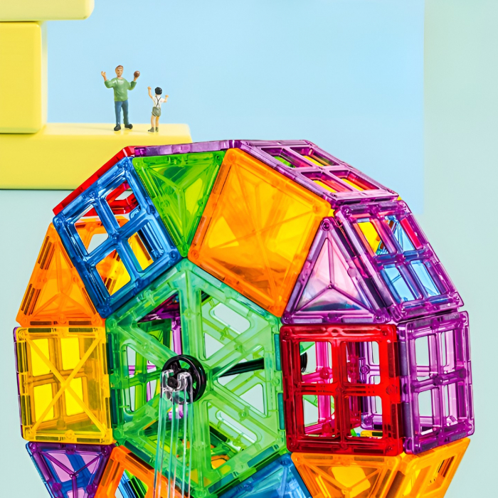Set 60 de Piese Magnetice de Constructie, Flippy, Magnetic Tiles, Piese Mari, Forme Geometrice, 3 Ani, ABS, Magnet, 20.5 x 14.5 x 12 cm, Multicolor [3]