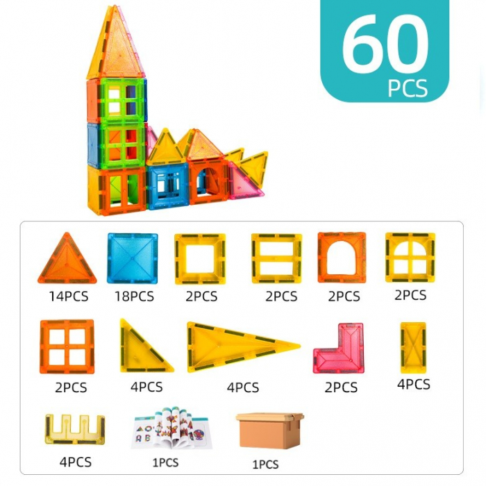 Set 60 de Piese Magnetice de Constructie, Flippy, Magnetic Tiles, Piese Mari, Forme Geometrice, 3 Ani, ABS, Magnet, 20.5 x 14.5 x 12 cm, Multicolor [6]