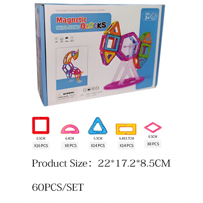 Set 60 Piese Magnetice de Constructie, Flippy, Piese Mari, Magnetic Blocks, Forme Geometrice, 3 Ani, ABS, Magnet, 22 x 17.2 x 8.5 cm, Multicolor [2]