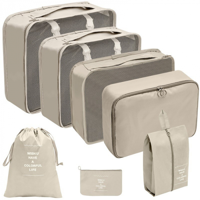 Set 7 Genti de Calatorie, Flippy, pentru Depozitare, Compresibile, 7 Dimensiuni, Impermeabile, Design cu Plasa, Pliabile, Manere Robuste, Fermoar dublu, Bej [1]