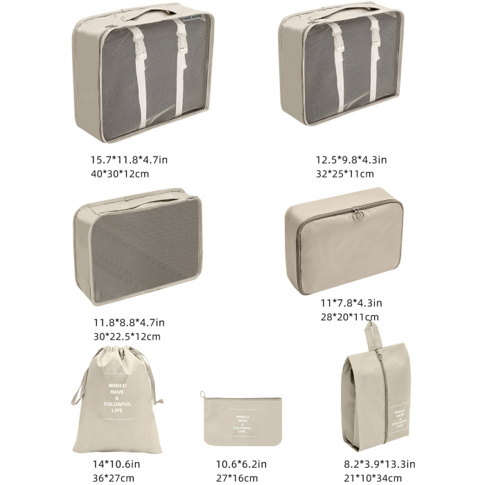 Set 7 Genti de Calatorie, Flippy, pentru Depozitare, Compresibile, 7 Dimensiuni, Impermeabile, Design cu Plasa, Pliabile, Manere Robuste, Fermoar dublu, Bej [3]