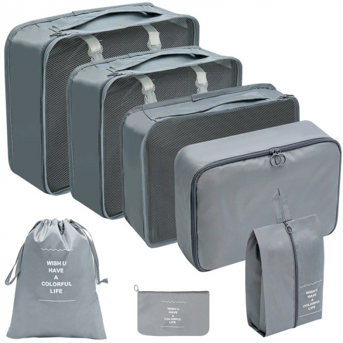 Set 7 Genti de Calatorie, Flippy, pentru Depozitare, Compresibile, 7 Dimensiuni, Impermeabile, Design cu Plasa, Pliabile, Manere Robuste, Fermoar dublu, Gri [1]