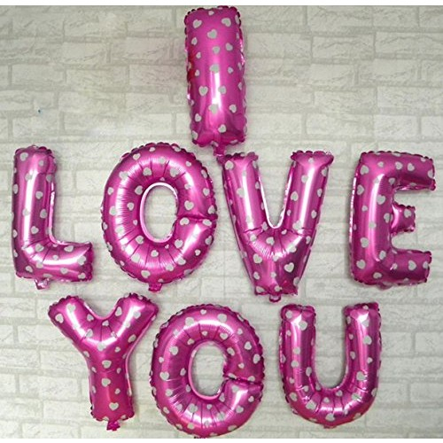 Set 8 Baloane din Folie Metalizata, Figurine Litere, Model I Love You, Tema Ziua Indragostitilor, 40 cm, Ambalaj Individual, Pai Inclus, Umflare cu Aer sau Heliu, Roz cu Inimioare Albe [2]