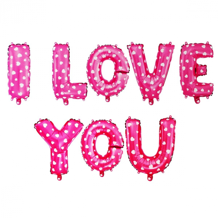 Set 8 Baloane din Folie Metalizata, Figurine Litere, Model I Love You, Tema Ziua Indragostitilor, 40 cm, Ambalaj Individual, Pai Inclus, Umflare cu Aer sau Heliu, Roz cu Inimioare Albe [1]