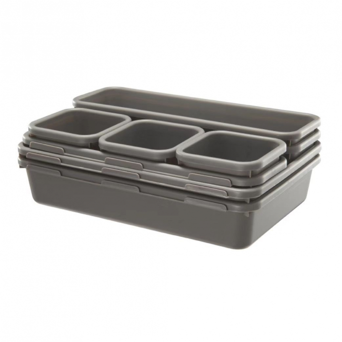 Set 8 cutii depozitare, pentru sertar, cosmetice, ustensile bucatarie, textile, plastic, gri, Flippy, 23.5 x 16 cm [6]