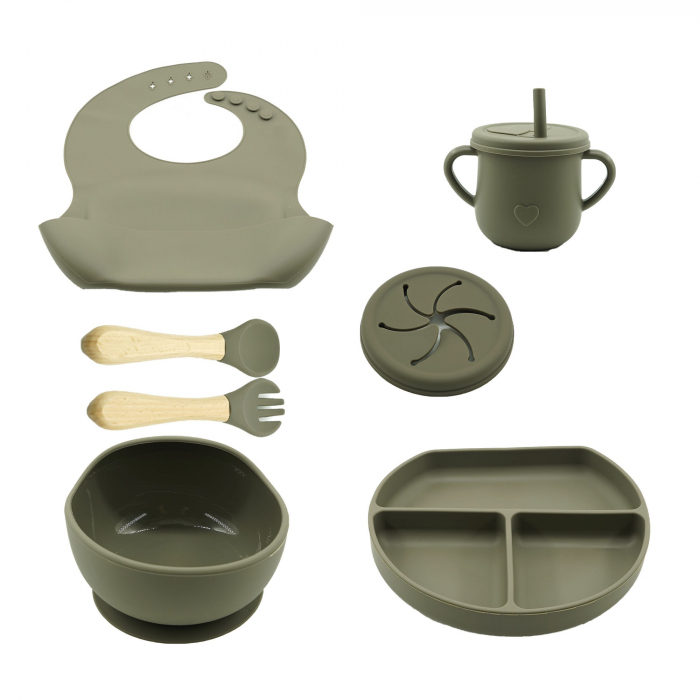 Set 8 piese diversificare bebelusi si copii din silicon Flippy, baveta, farfurie compartimentata cu ventuza, bol cu ventuza, tacamuri din lemn si silicon, cana pentru gustari, fara alergeni, verde inc [1]