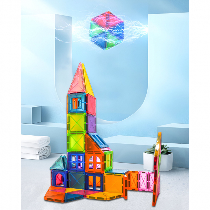 Set 88 Piese Magnetice de Constructie, Flippy, Piese 5.5 cm, Magnetic Tiles, Forme Geometrice, 3 Ani, ABS, Magnet, 27.5 x 21.5 x 17 cm, Multicolor [8]