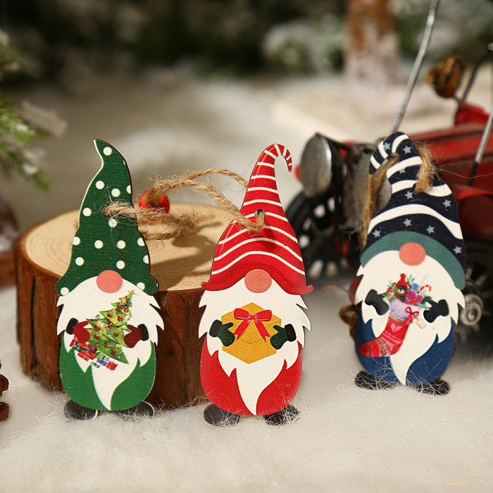 Set 9 Decoratiuni de Craciun din Lemn, Flippy, cu Snur pentru Agatare in Brad, 3 Modele Mos Craciun Diferite Dimensiuni, Multicolor [2]