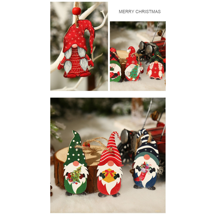Set 9 Decoratiuni de Craciun din Lemn, Flippy, cu Snur pentru Agatare in Brad, Model Mos Craciun Diferite Dimensiuni, 3 Modele, Rosu [6]