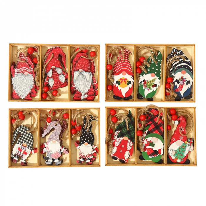 Set 9 Decoratiuni de Craciun din Lemn, Flippy, cu Snur pentru Agatare in Brad, Model Mos Craciun Diferite Dimensiuni, 3 Modele, Rosu [6]