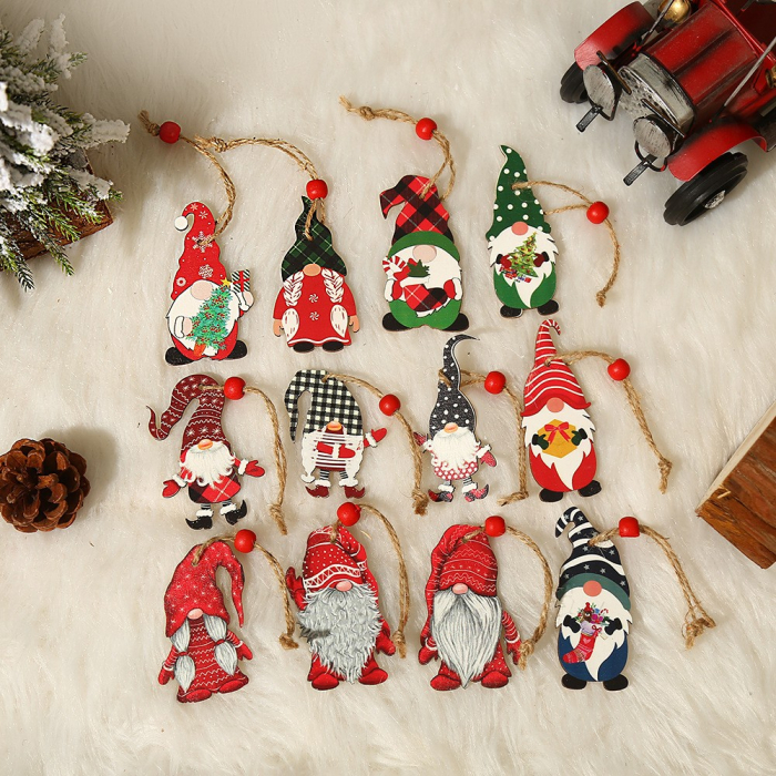 Set 9 Decoratiuni de Craciun din Lemn, Flippy, cu Snur pentru Agatare in Brad, Model Mos Craciun Diferite Dimensiuni, 3 Modele, Rosu [4]