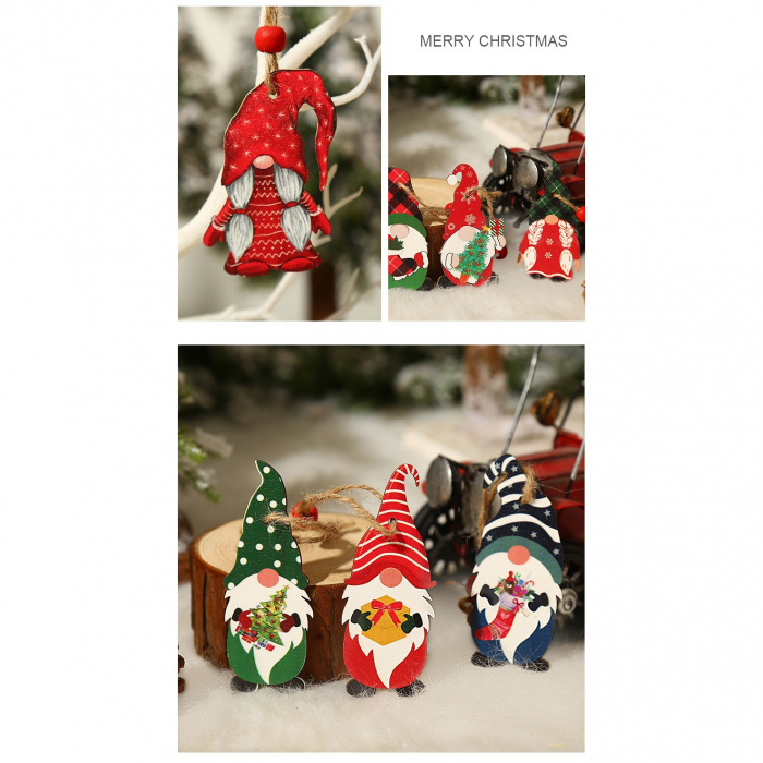 Set 9 Decoratiuni de Craciun din Lemn, Flippy, cu Snur pentru Agatare in Brad, Model Mos Craciun Diferite Dimensiuni, 3 Modele, Rosu [2]