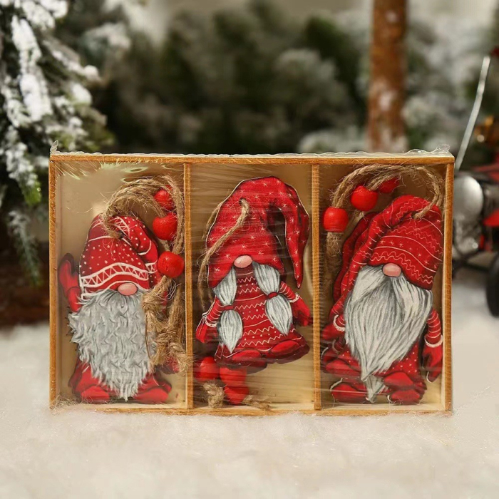 Set 9 Decoratiuni de Craciun din Lemn, Flippy, cu Snur pentru Agatare in Brad, Model Mos Craciun Diferite Dimensiuni, 3 Modele, Rosu [4]