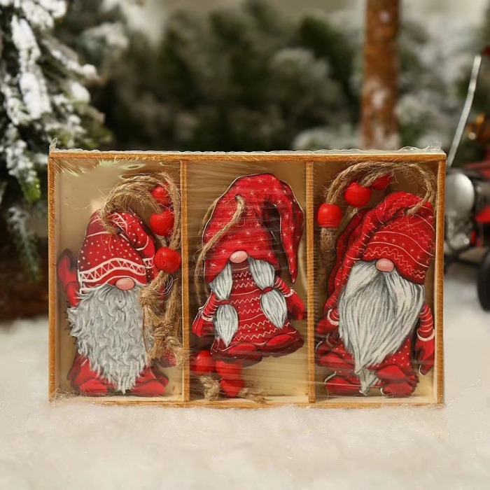 Set 9 Decoratiuni de Craciun din Lemn, Flippy, cu Snur pentru Agatare in Brad, Model Mos Craciun Diferite Dimensiuni, 3 Modele, Rosu [5]