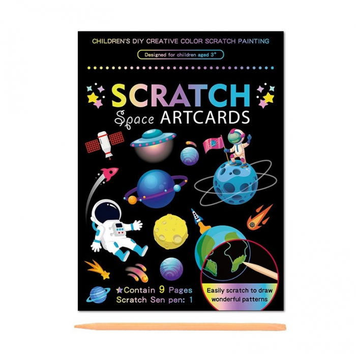 Set 9 Planse Razuibile, Flippy, Scratch ArtCards, +3 Ani, de Razuit si de Colorat, 19 x 14 cm, Model Spatiu Cosmic, Multicolor [1]