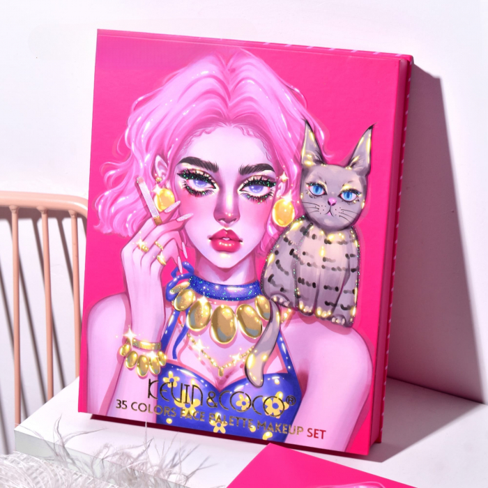 Set 9 Produse de Machiaj, KEVIN &amp; COCO, Cool Girl and Cat, 35 de culori, 21.5 x 16.8 x 3 cm [2]