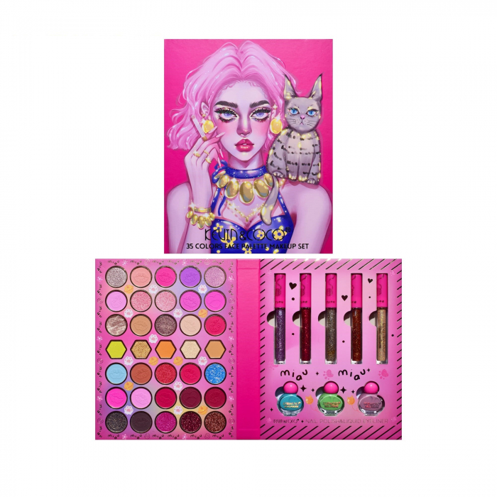 Set 9 Produse de Machiaj, KEVIN &amp; COCO, Cool Girl and Cat, 35 de culori, 21.5 x 16.8 x 3 cm [14]