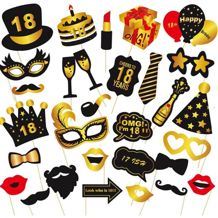 Set Accesorii pentru Petrecere, Flippy, Props pentru Coltul de Poze, pentru Majorat, Aniversare 18 Ani, Ochelari, Palarii, Mustata, Cravata, pentru Evenimente, Multicolor [1]