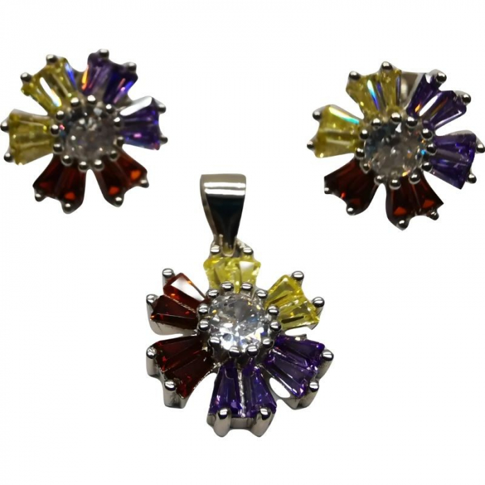 Set Argint 925 Flori Multicolore cu Mijloc Alb Model 1 [1]