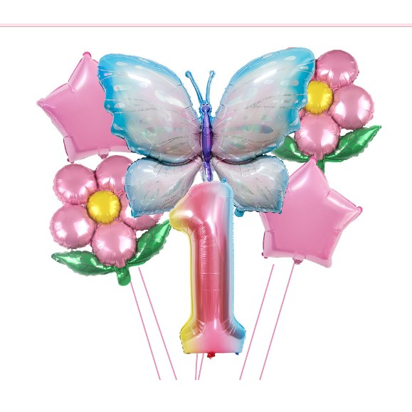 Set baloane aniversare cu numere 6 piese, 2 flori, 2 stelute, 1 fluture, Roz, Cifra 1 [1]