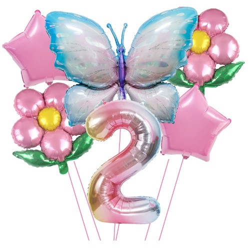 Set baloane aniversare cu numere 6 piese, 2 flori, 2 stelute, 1 fluture, Roz, Cifra 2 [1]