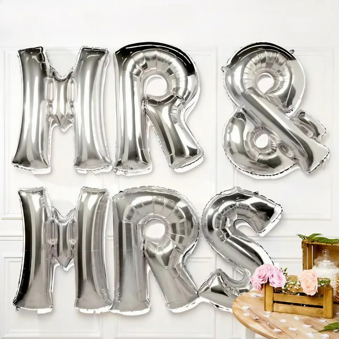 Set Baloane din Folie Metalizata, Flippy, Figurine Litere, Model MR&amp;MRS, Tema Nunta, 40 cm, Baloane Party, Ambalaj Individual, Pai inclus, Umflare cu Aer sau Heliu, Argintiu [2]
