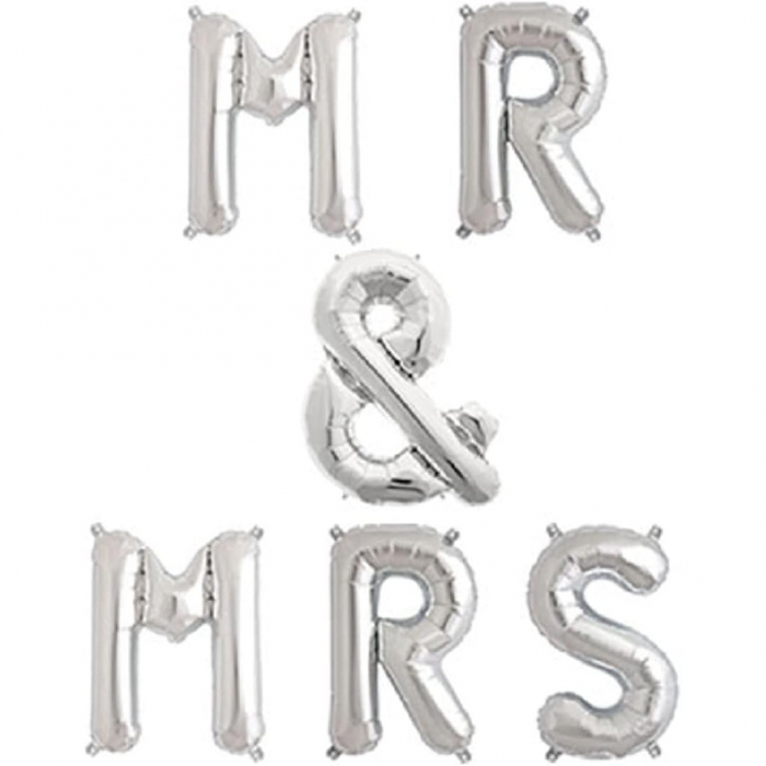 Set Baloane din Folie Metalizata, Flippy, Figurine Litere, Model MR&amp;MRS, Tema Nunta, 40 cm, Baloane Party, Ambalaj Individual, Pai inclus, Umflare cu Aer sau Heliu, Argintiu [3]