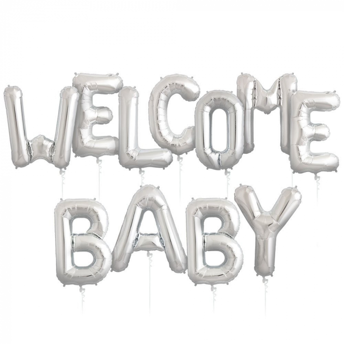 Set Baloane din Folie Metalizata, Flippy, Figurine Litere, Model Welcome Baby, Tema Aniversare, 40 cm, Ambalaj Individual, Pai inclus, Umflare cu Aer sau Heliu, Argintiu [5]