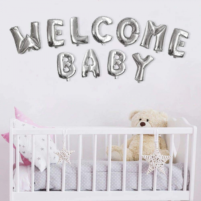 Set Baloane din Folie Metalizata, Flippy, Figurine Litere, Model Welcome Baby, Tema Aniversare, 40 cm, Ambalaj Individual, Pai inclus, Umflare cu Aer sau Heliu, Argintiu [3]