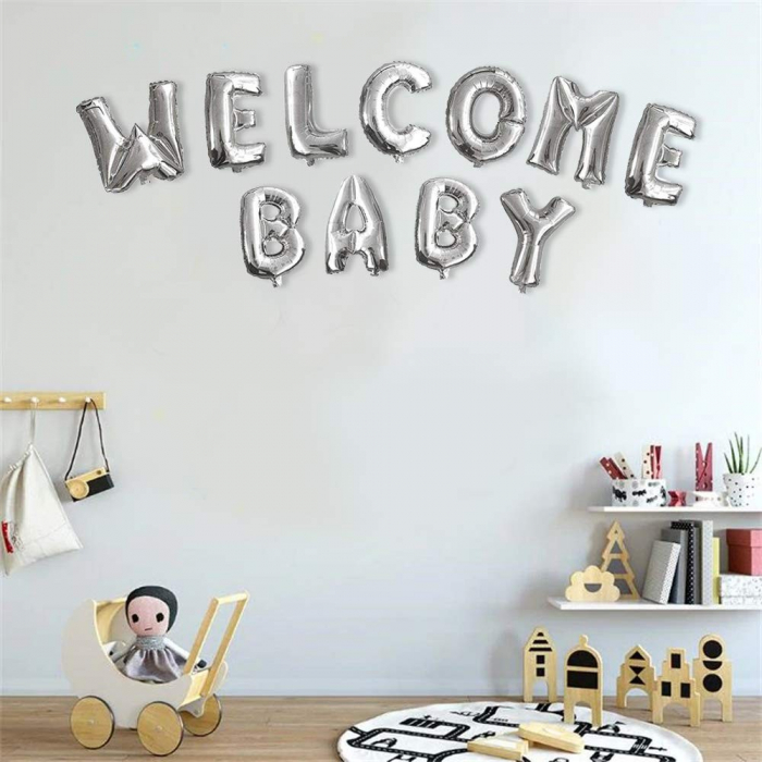 Set Baloane din Folie Metalizata, Flippy, Figurine Litere, Model Welcome Baby, Tema Aniversare, 40 cm, Ambalaj Individual, Pai inclus, Umflare cu Aer sau Heliu, Argintiu [4]