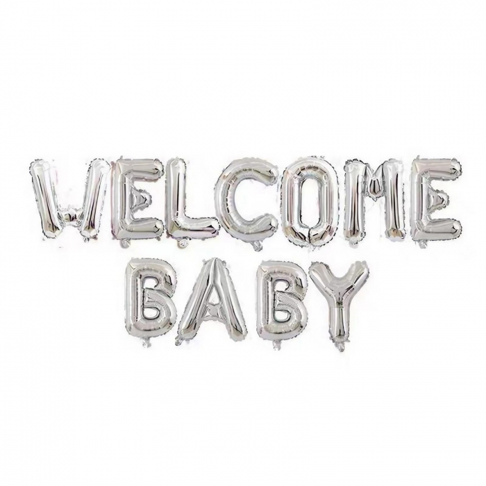 Set Baloane din Folie Metalizata, Flippy, Figurine Litere, Model Welcome Baby, Tema Aniversare, 40 cm, Ambalaj Individual, Pai inclus, Umflare cu Aer sau Heliu, Argintiu [1]