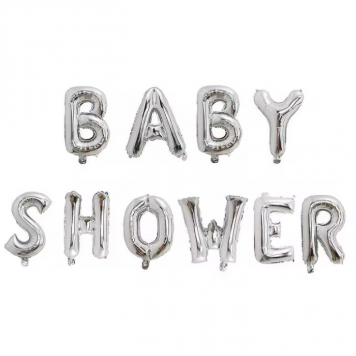 Set Baloane din Folie Metalizata, Flippy, Model Baby Shower, Litere de 40 cm, Baloane Party, Ambalaj Individual, Pai, Ata si Adeziv Incluse, Umflare cu Aer sau Heliu, Argintiu [4]