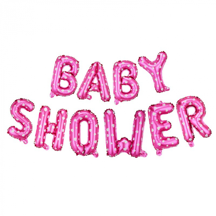 Set Baloane din Folie Metalizata, Flippy, Model Baby Shower, Litere de 40 cm, Baloane Party, Ambalaj Individual, Pai, Ata si Adeziv Incluse, Umflare cu Aer sau Heliu, Roz [1]