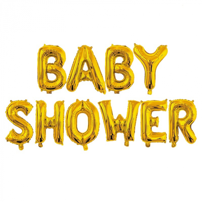 Set Baloane din Folie Metalizata, Flippy, Model Baby Shower, Litere de 40 cm, Baloane Party, Ambalaj Individual, Pai, Ata si Adeziv Incluse, Umflare cu Aer sau Heliu, Auriu [1]