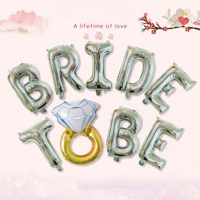 Set Baloane din Folie Metalizata, Flippy, Model Bride to Be cu Inel de Logodna, Litere de 40 cm, Baloane Party, Ambalaj Individual, Pai Inclus, Umflare cu Aer sau Heliu, Argintiu [2]