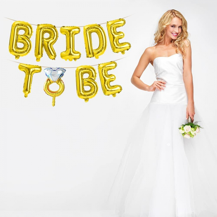 Set Baloane din Folie Metalizata, Flippy, Model Bride to Be cu Inel de Logodna, Litere de 40 cm, Baloane Party, Ambalaj Individual, Pai Inclus, Umflare cu Aer sau Heliu, Auriu [5]