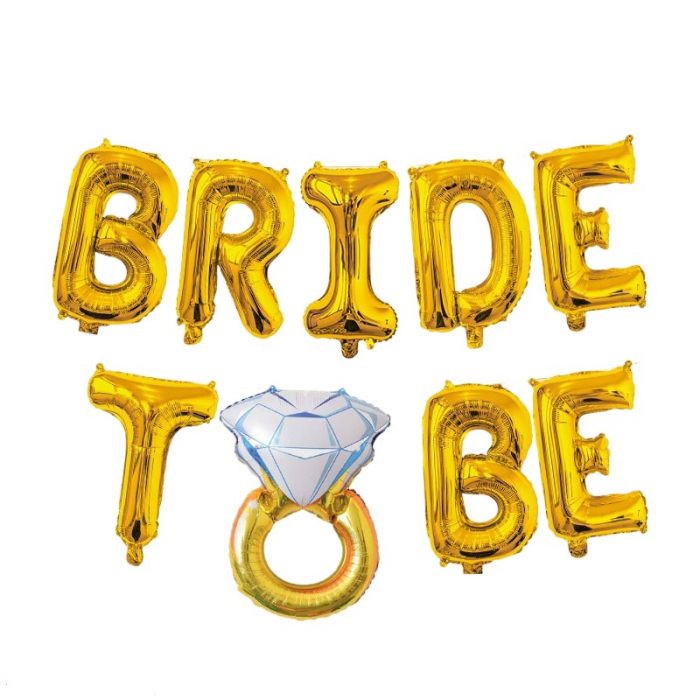 Set Baloane din Folie Metalizata, Flippy, Model Bride to Be cu Inel de Logodna, Litere de 40 cm, Baloane Party, Ambalaj Individual, Pai Inclus, Umflare cu Aer sau Heliu, Auriu [1]