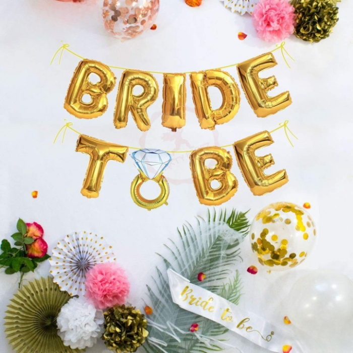 Set Baloane din Folie Metalizata, Flippy, Model Bride to Be cu Inel de Logodna, Litere de 40 cm, Baloane Party, Ambalaj Individual, Pai Inclus, Umflare cu Aer sau Heliu, Auriu [2]