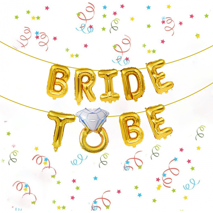 Set Baloane din Folie Metalizata, Flippy, Model Bride to Be cu Inel de Logodna, Litere de 40 cm, Baloane Party, Ambalaj Individual, Pai Inclus, Umflare cu Aer sau Heliu, Auriu [6]