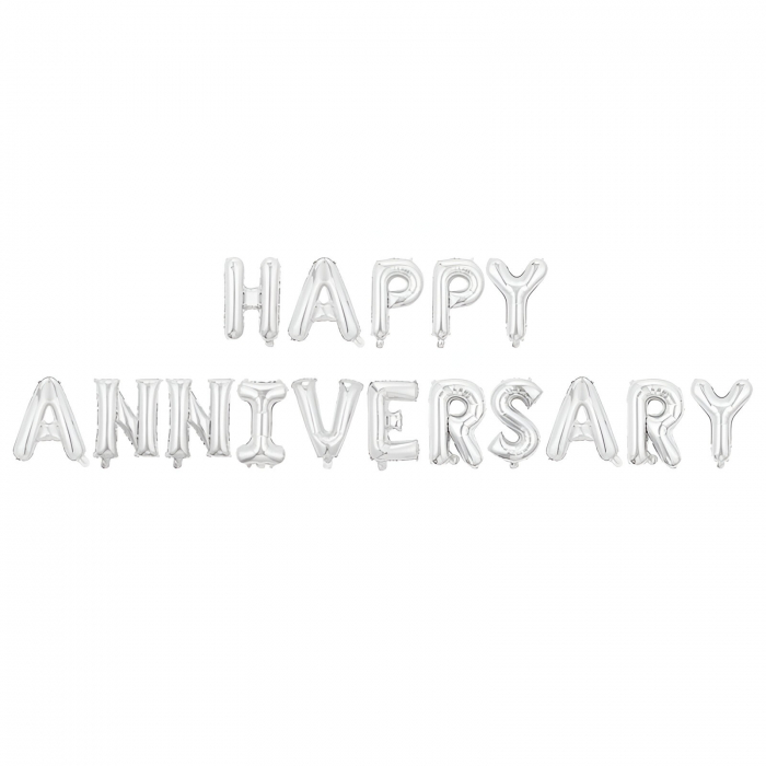 Set Baloane din Folie Metalizată, Flippy, Model Happy Anniversary, Litere de 40 cm, Baloane Party, Ambalaj Individual, Pai inclus, Umflare cu Aer sau Heliu, Argintiu [1]