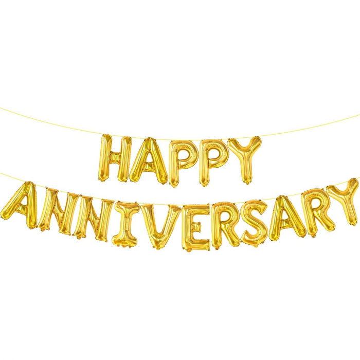 Set Baloane din Folie Metalizata, Flippy, Model Happy Anniversary, Litere de 40 cm, Baloane Party, Ambalaj Individual, Pai Inclus, Umflare cu Aer sau Heliu, Auriu [7]